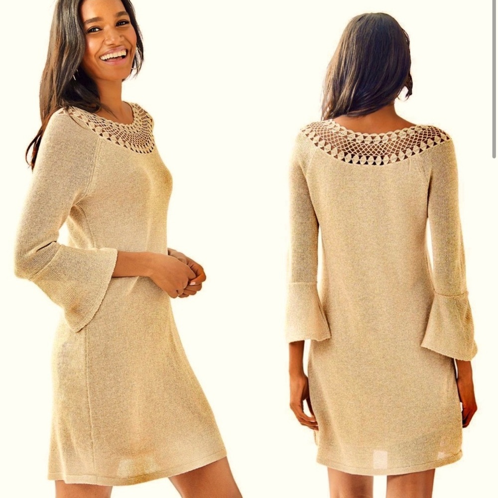 Lilly Pulitzer Carino Sweater Gold Sparkle Bell Sleeve Dress Small EUC Like New